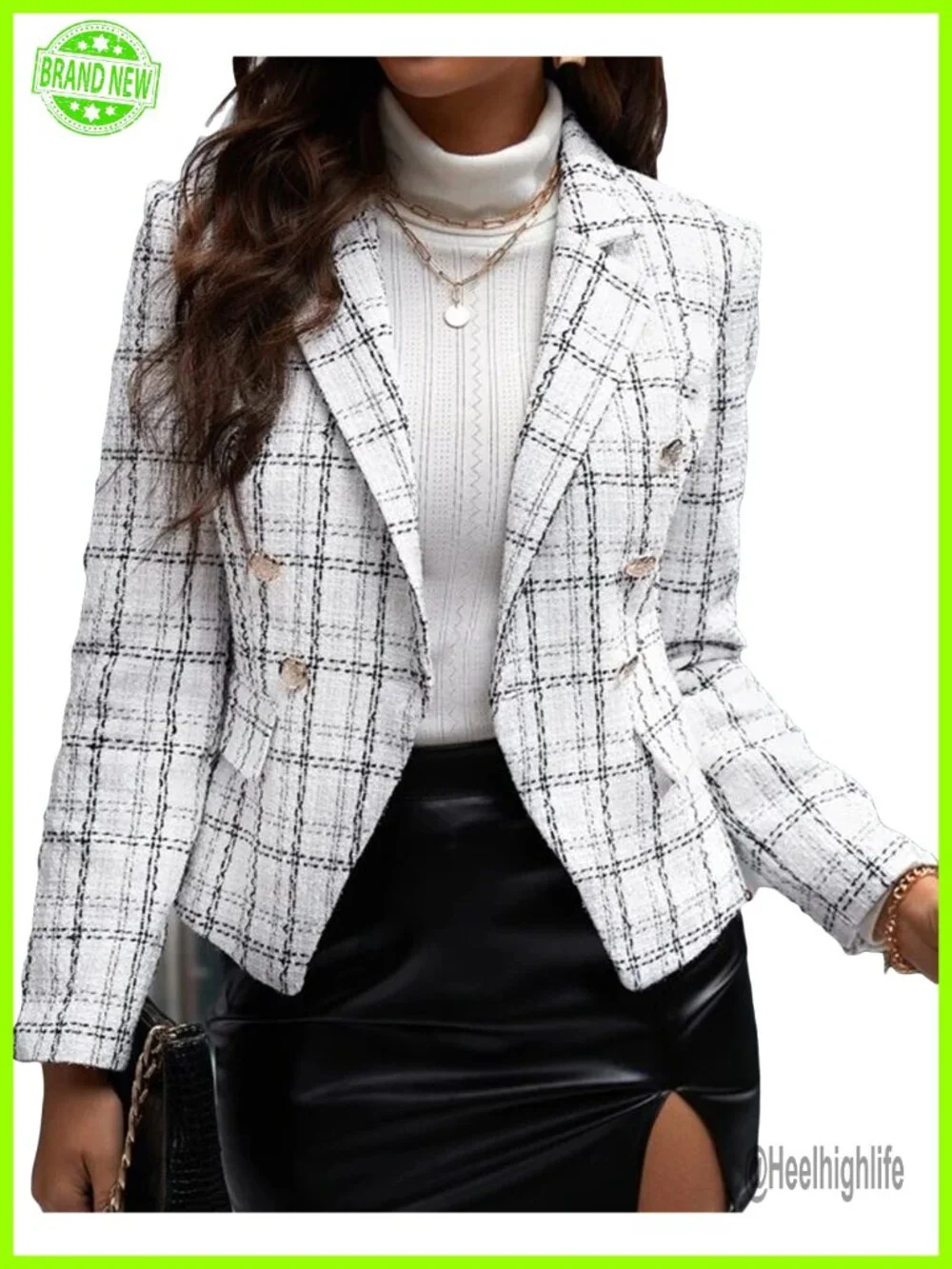 Plaid Tweed Blazer Jacket Double Breasted Slim Fit with Pockets Work Blazer